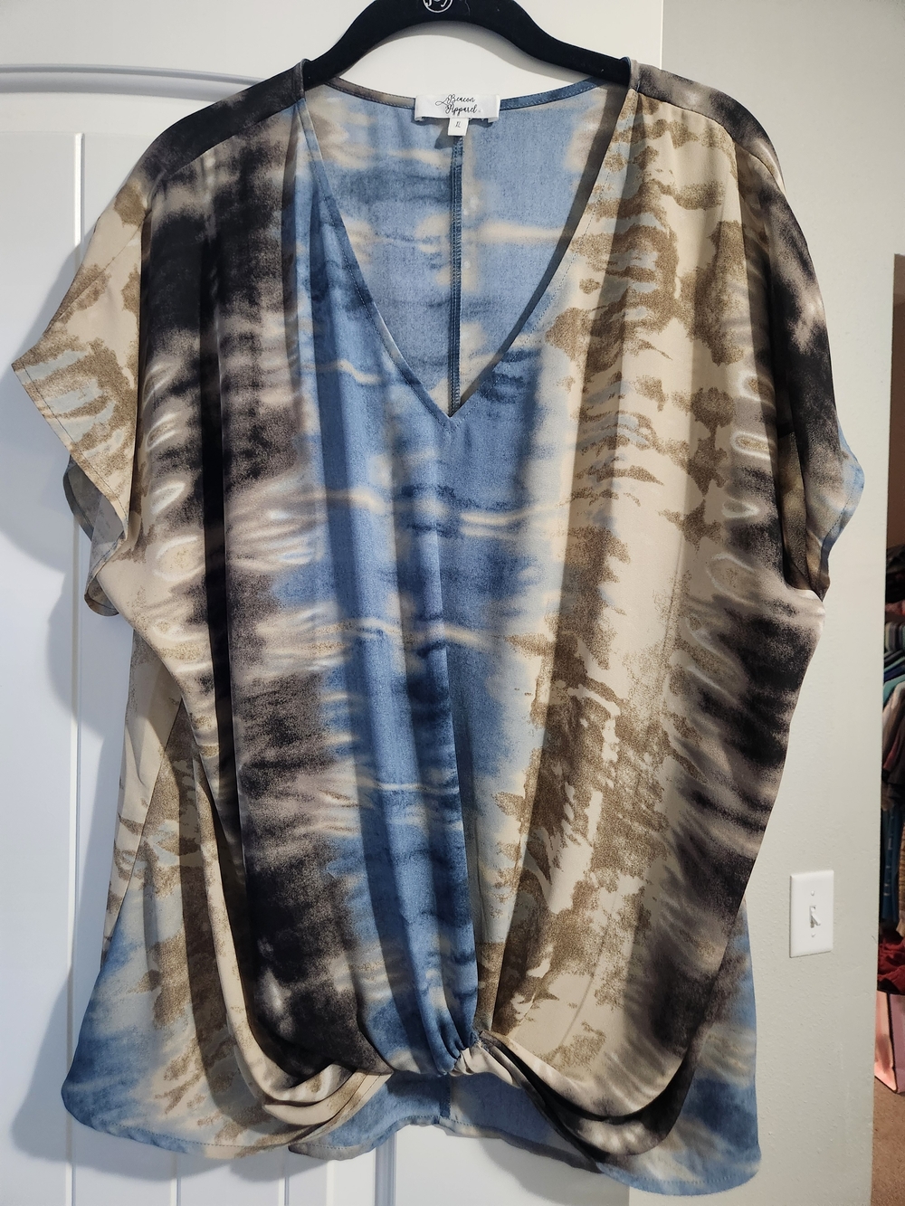 Beacon Blue, Cream & Brown V-Neck Tie-Front Tunic Top